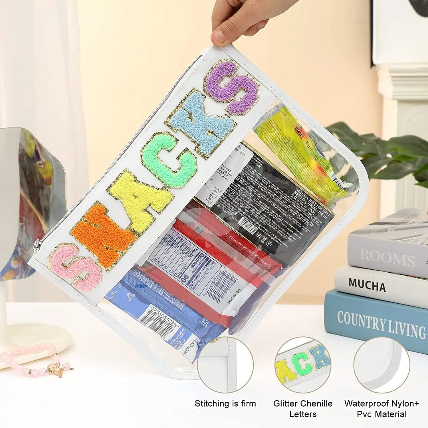 Clear Zipper Pouch for Travel Snacks Bag Nylon Clear Cosmetic Bag Makeup Travel Bag for Women with Glitter Patch Letters 6