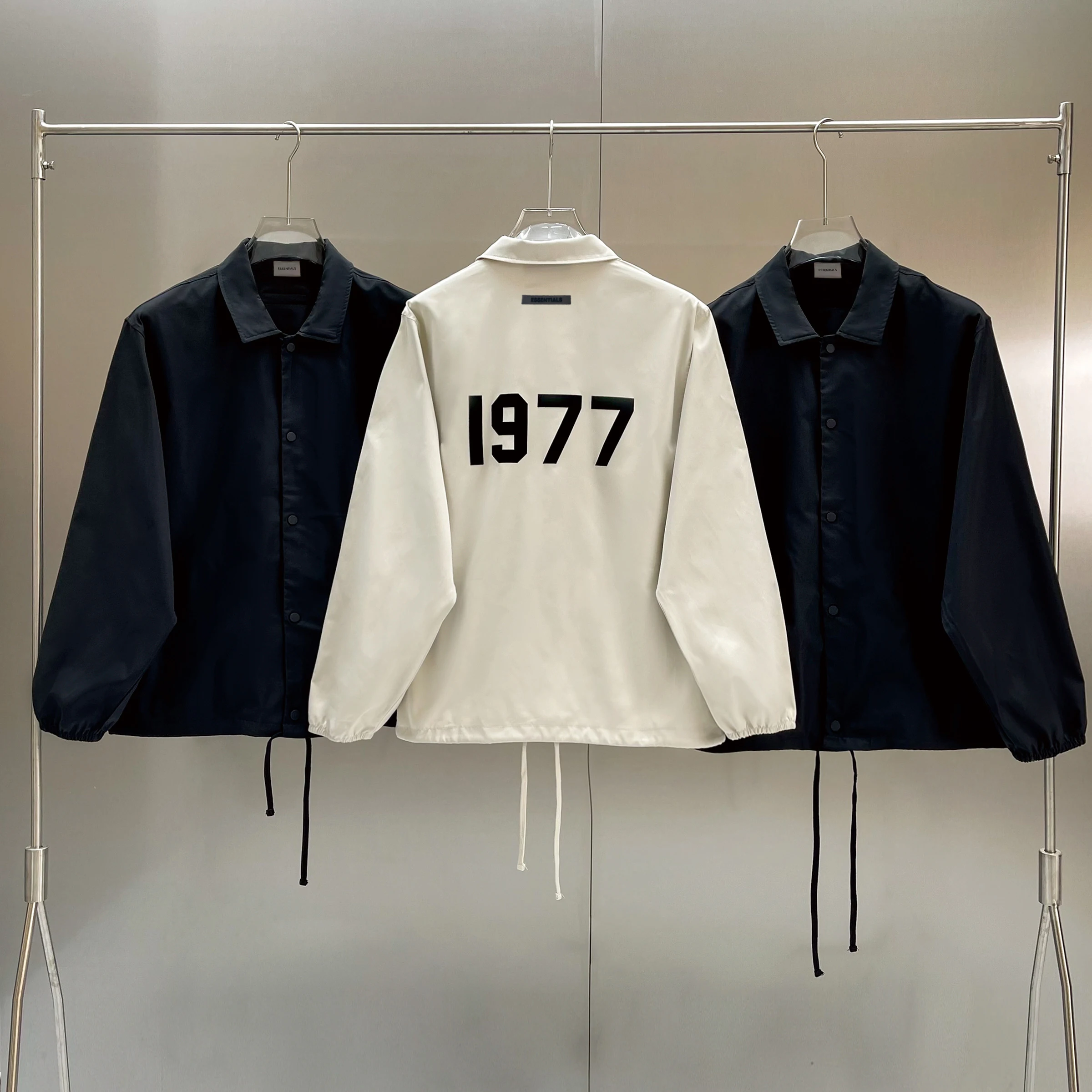 

New Essentials Reflective letter 1977 Flocking Logo Thin Jacket Loose Oversized Hip Hop Men and Women Leisure Coats