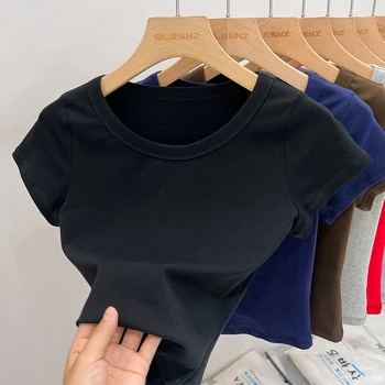 2025 المرأة قصيرة الأكمام تي شيرت عادية س الرقبة الصلبة سليم المحملة الصيف مثير الأساسية المحاصيل الأعلى بسيط تي شيرت الإناث Y2K بلايز الملابس 2