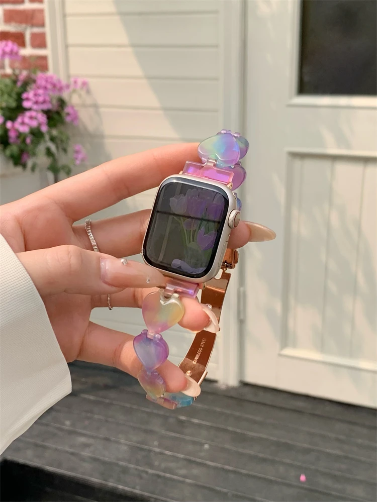 

Korea Love Heart Resin Strap For Apple Watch Band 40mm 41mm 38mm 44 45 42 49 Bracelet Watchband For iWatch Series 8 7 3 4 5 6 SE