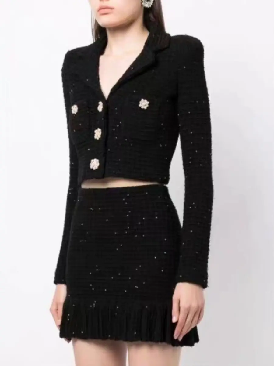 

Women Sequin Set Notched Single Breasted Long Sleeve Coat or High Waist A-Line Mini Skirt