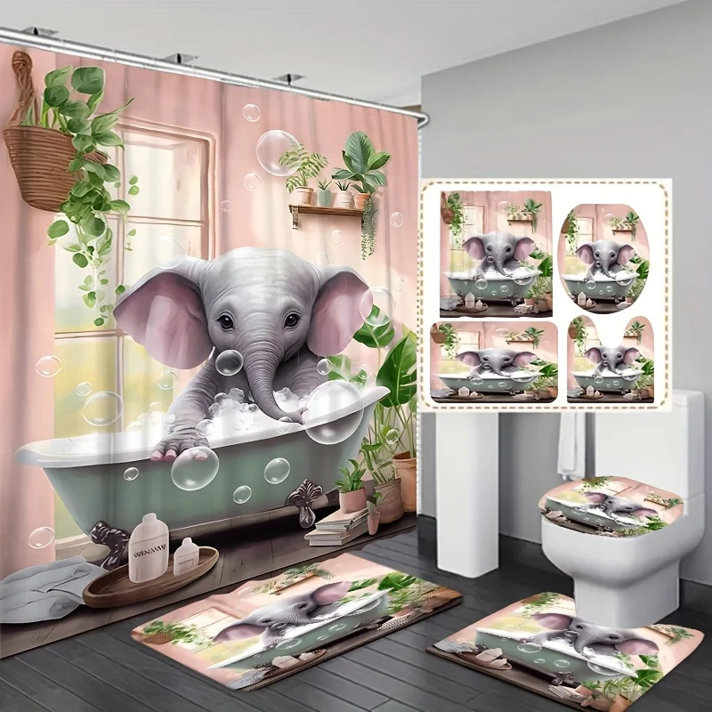 1/3/4PCs bathtub elephant pattern shower curtain set, waterproof shower curtain with 12 hooks, non-slip bath rug, U-shape mat, t