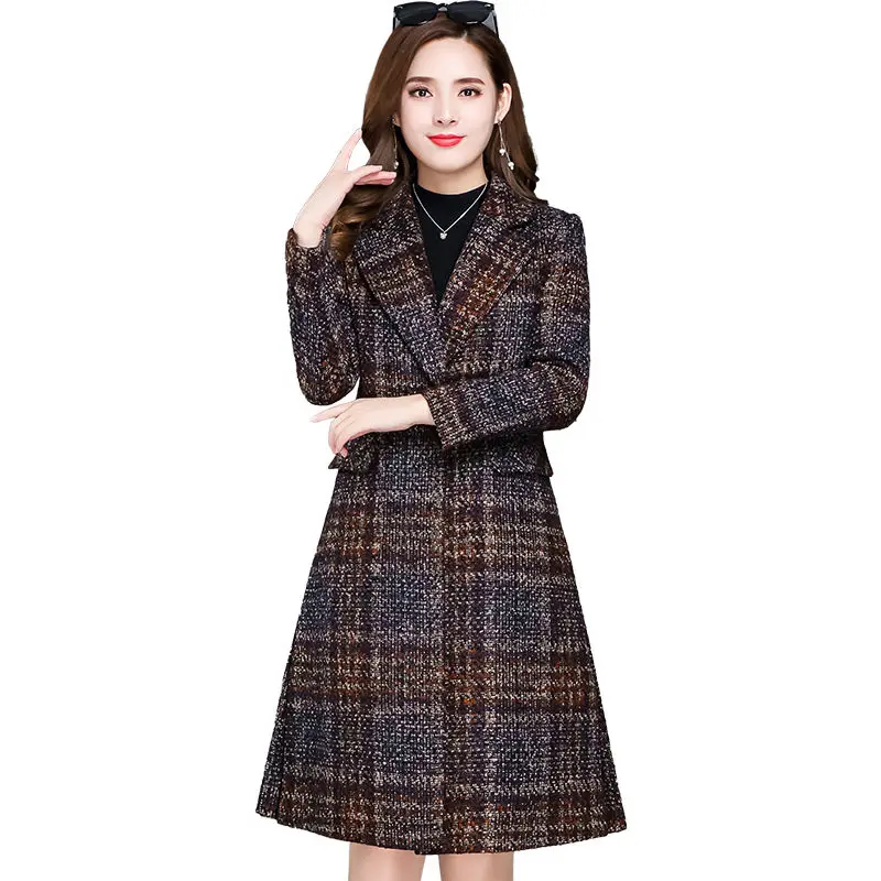 

Woolen Jacket Women Autumn Winter 2023 New Plaid Single Button Long Thicken Warm Coat Female Elegant Ladies Overcoat Tops R2073