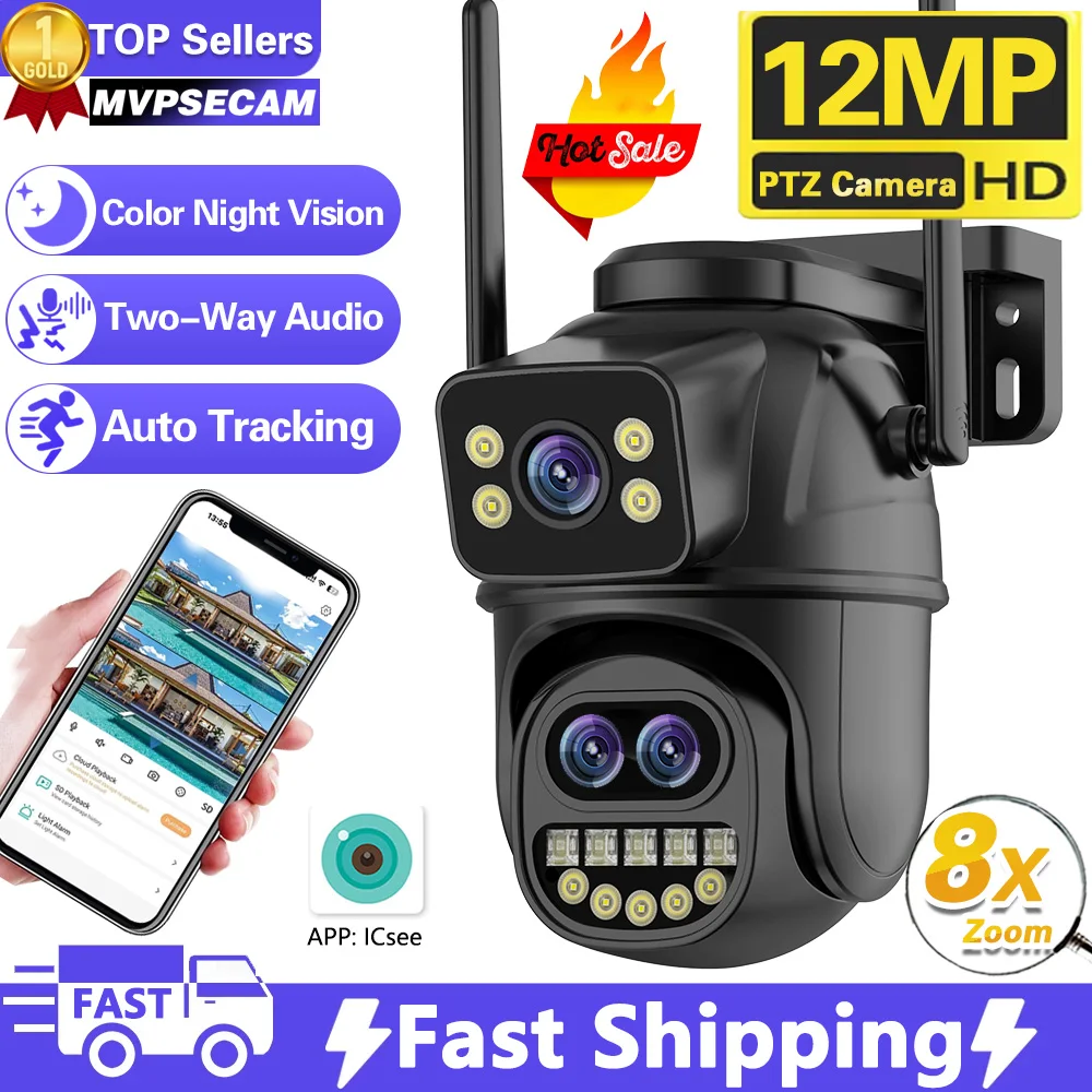 

6K Ultra HD WiFi IP Camera Outdoor 8x Zoom Three Lens Dual Screen 3K PTZ Camera Auto Tracking Home Security CCTV Surveillance