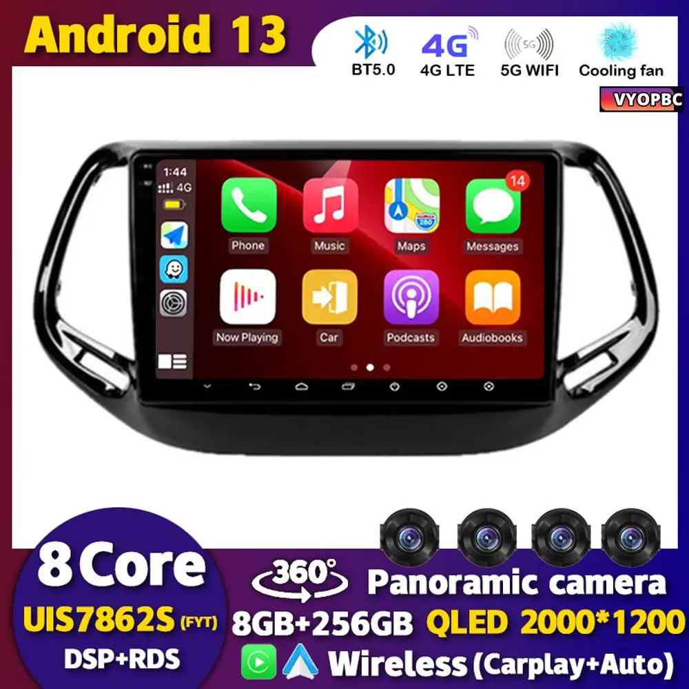 

Автомагнитола Carplay, Android 13, для Jeep Compass 2017, 2018, 2019, GPS-навигация, стерео, мультимедийный видеоплеер, камера 360, Wi-Fi