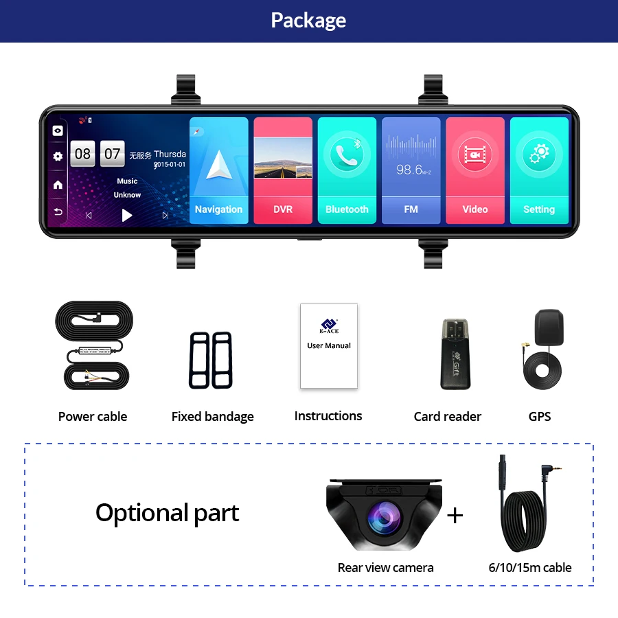 E-ACE ڵ DVR ̷  ķ, GPS ׺̼  ,  ڽ,  1080P Ĺ ī޶, 4G ȵ̵ 8.1, 12 ġ
