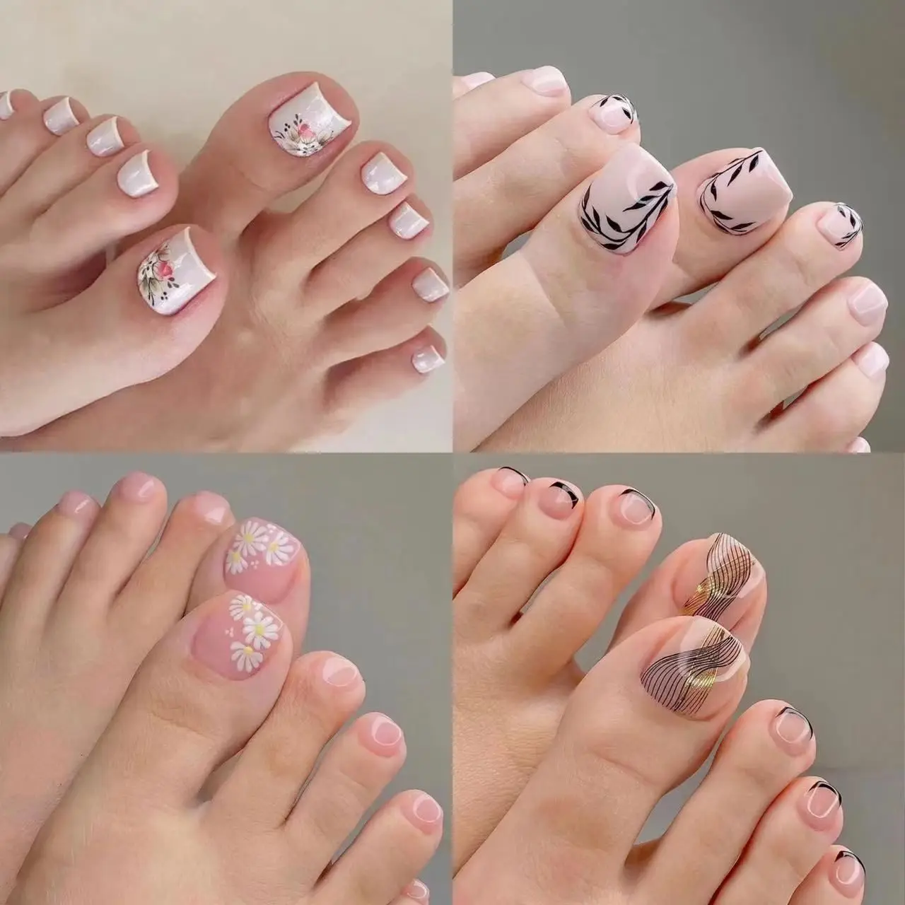 

24Pcs Simple White French Artificial Toenails Shiny Rhinestones Toe False Nail with Glue Wearable Short Flat Shape Fake Toenails