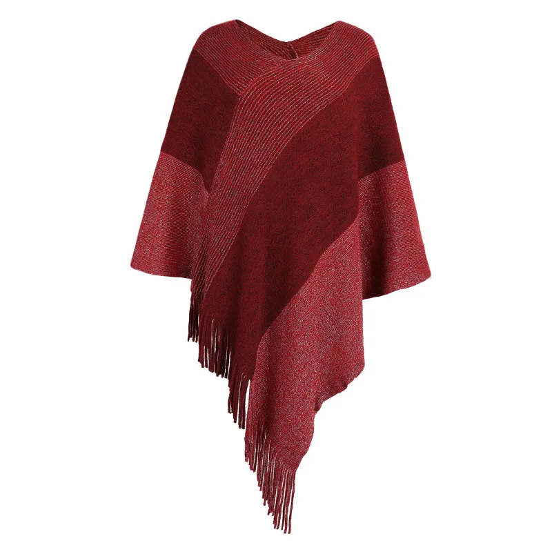 

Autumn Winter New Women Color Contrast Cloak Shawl Sweater Coat Fashion Street Tourism Poncho Lady Capes Red Cloaks