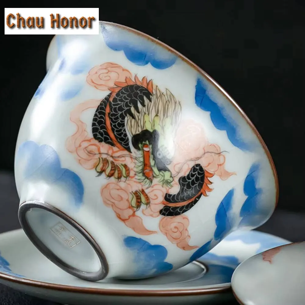 290ml Pure Handmade Ru Kiln  Gaiwan Handdrawn Dargon Phoenix Tea Bowl Tea Tureen Tea Maker Cover Bowl Teaset Supplies Collection