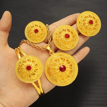 2022 Ethiopian Necklace Earring Ring Bangle Set Classic Fashion Ethiopia Gold Eritrea Set for Women's Habesha Wedding Party Gift