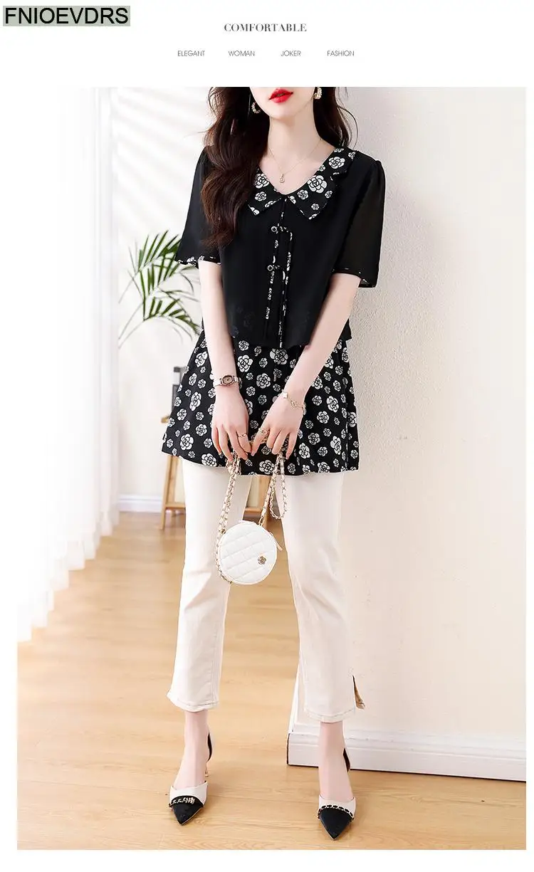 L-5XL Loose Clothes 2024 Women Summer Short Sleeve Elegant Ruffles Shirts Casual Retro Floral Tunic Peplum Tops And Blouses