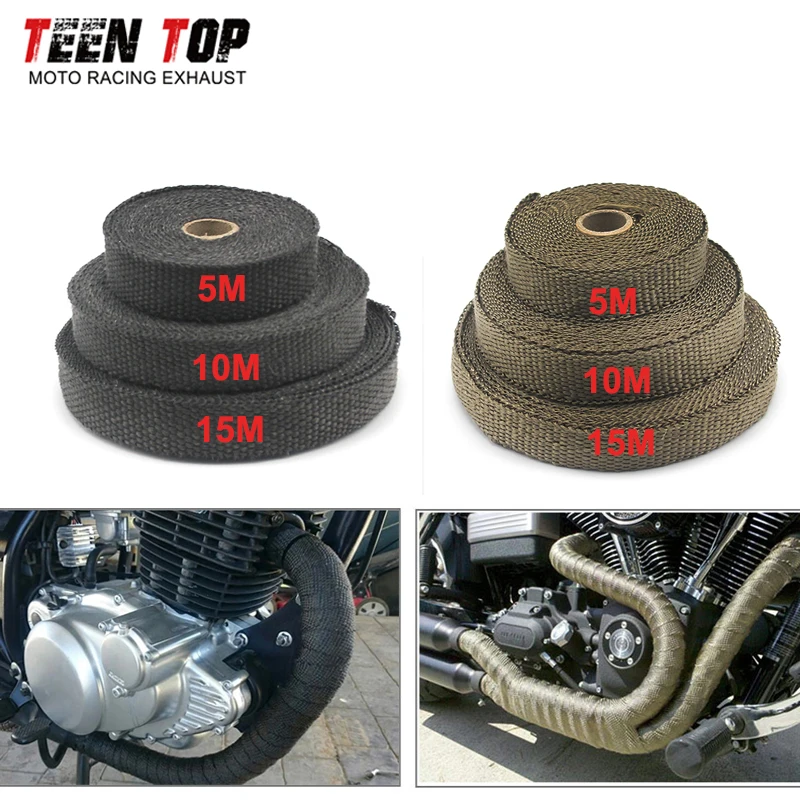 5M 10M 15M Motorcycle Exhaust Thermal Tape Exhaust Heat Wrap Roll for Motorcycle Fiberglass Heat Shield Tape with Stainless Ties