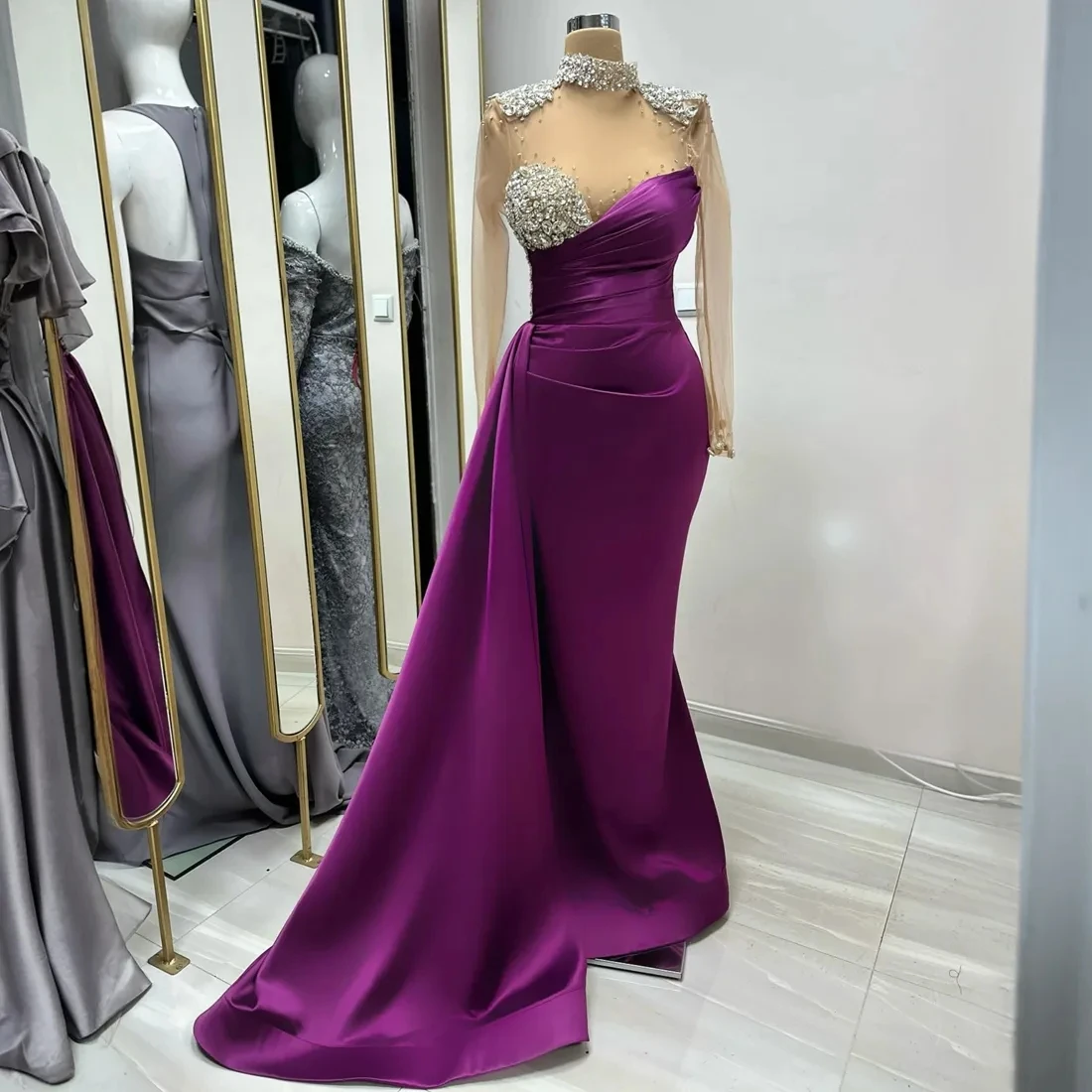 Elegant Purple Satin One-Shoulder Crystal Beaded Mermaid Silhouette Formal Evening Gown