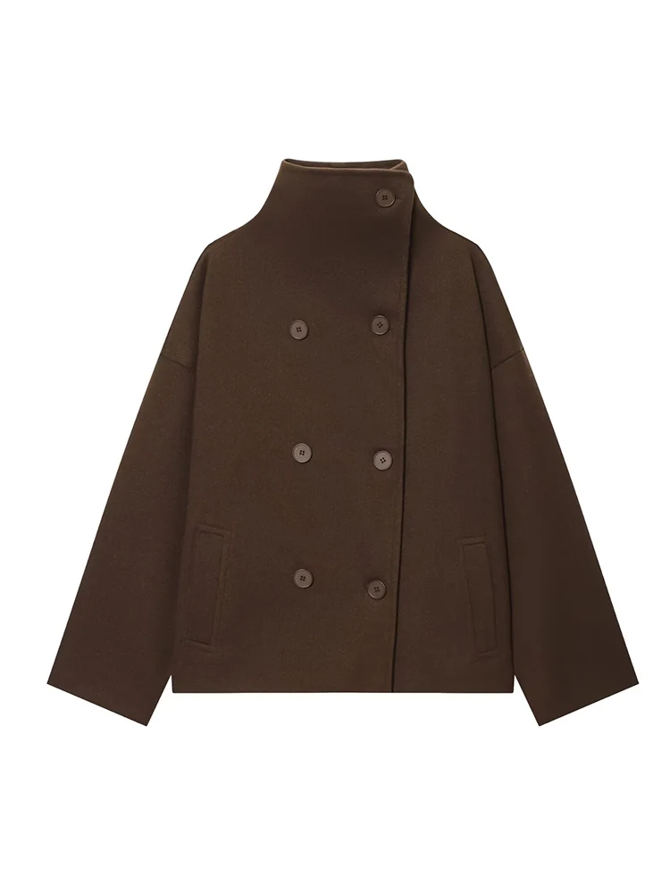New Women Stand Collar Winter Woolen Coats Double Breasted Loose Long Sleeve Jacket Female Street Turtleneck Short Coats