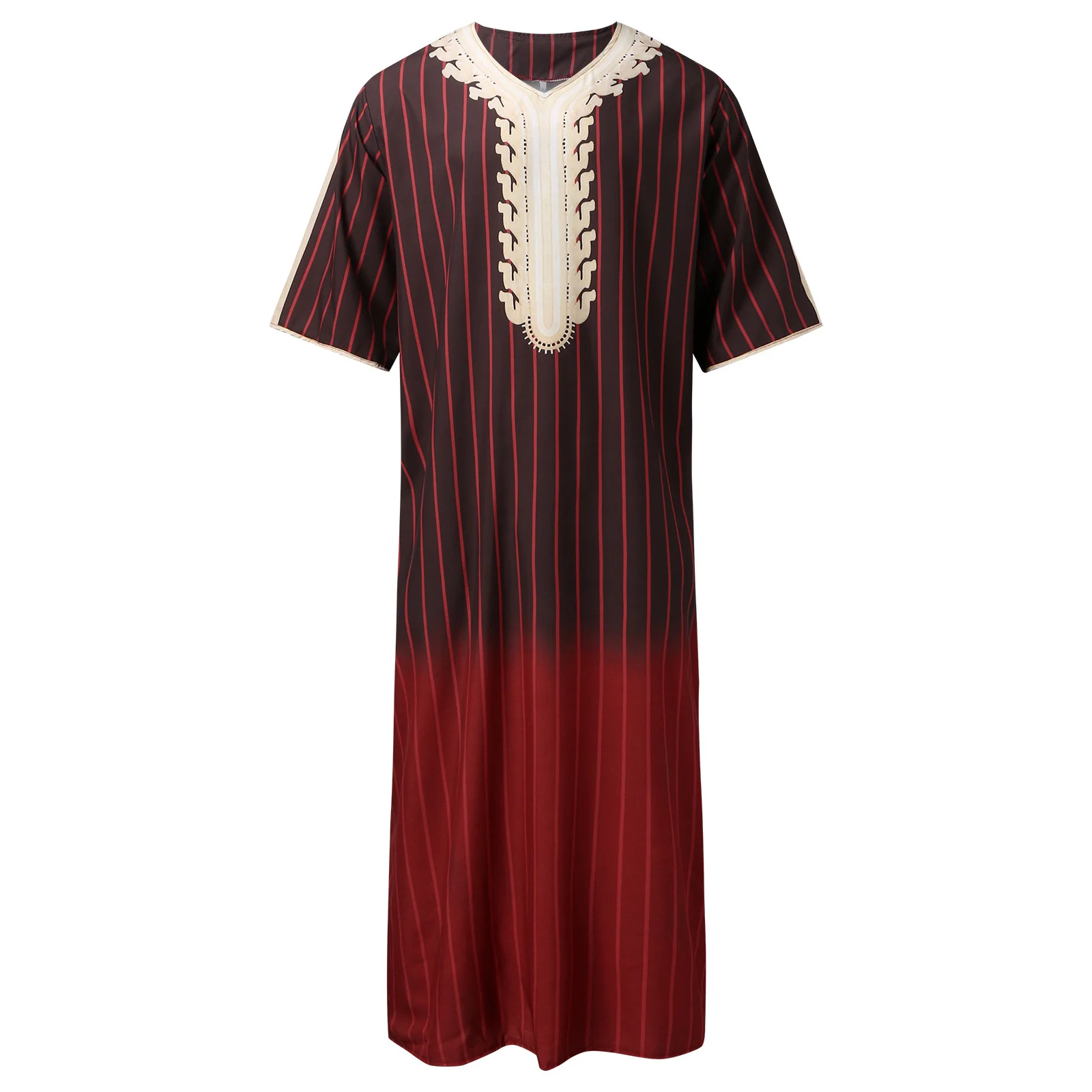 Fashion Jubba Thobe Men\'s Robe Middle East Ethnic Striped Print Loose Casual V Neck Short Sleeve Retro Men Muslim Clothing