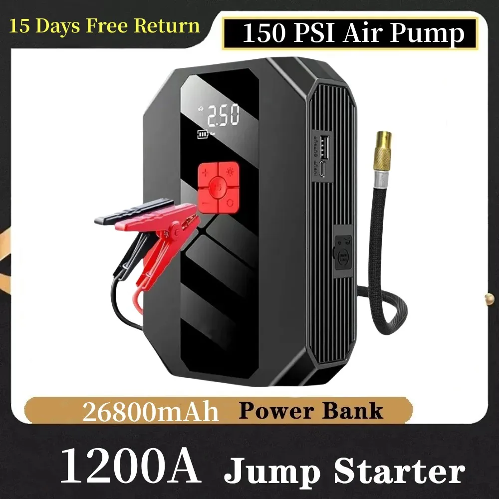 

4 In 1 1200A Jump Starter Power Bank 26800mAh 150PSI Air Compressor Tire Pump Portable Charger Car Booster Starting Device