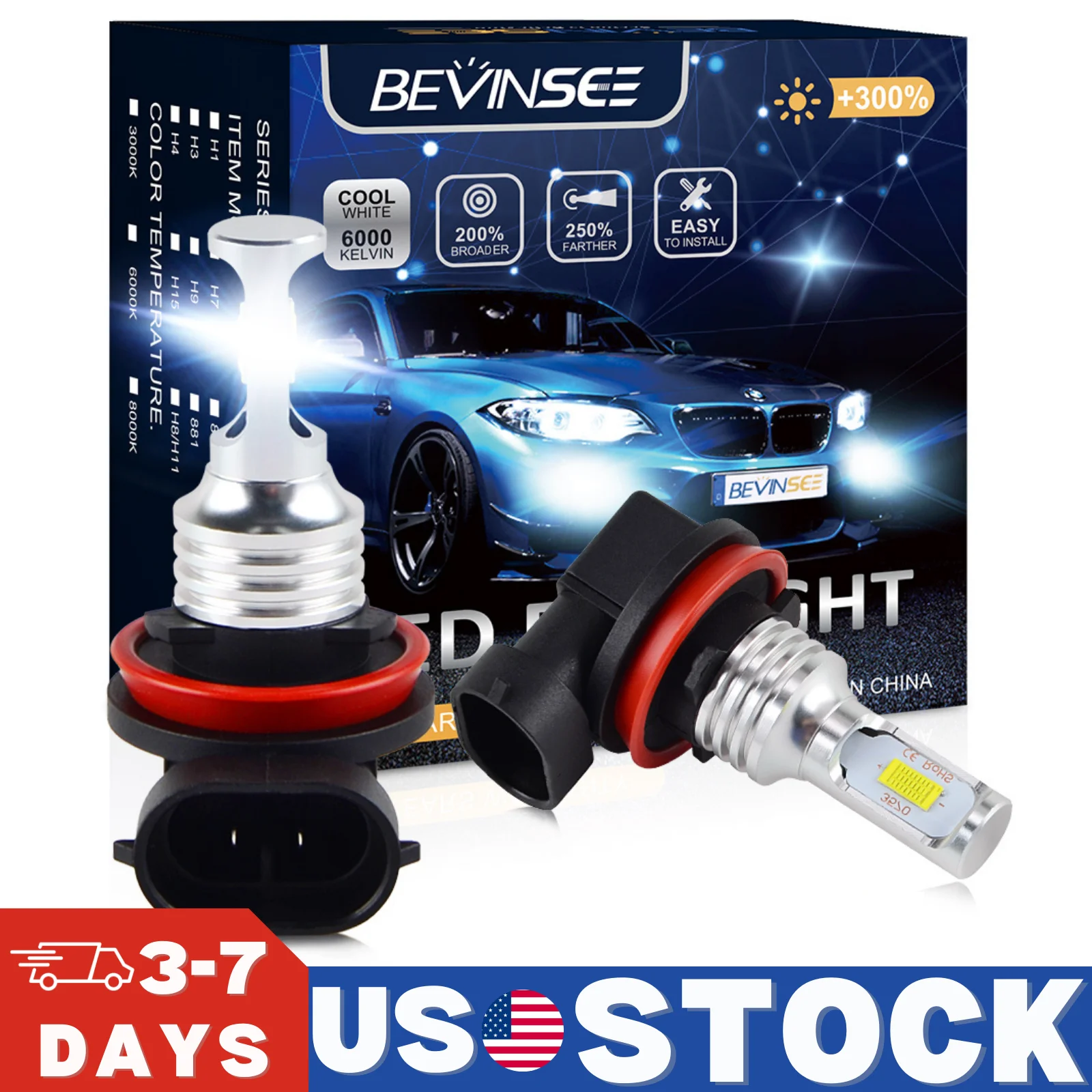 BEVINSEE H11 LED Headlight Bulbs H8 H9 LED Fog Light for Vehicles 1:1 Halogen Bulb Fanless Wireless Lights Bulb for Vehicles 12V