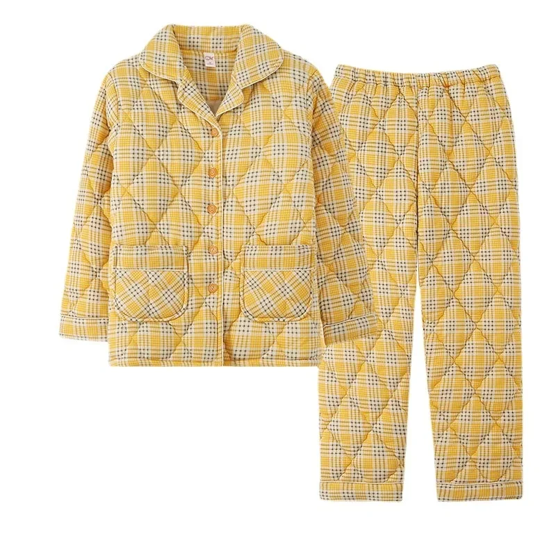 2024 New 100% Pure Cotton Padded Pajamas Women's Winter Thick Three-layer Warm Sleepwear Large Size Middle-aged Homewear Set