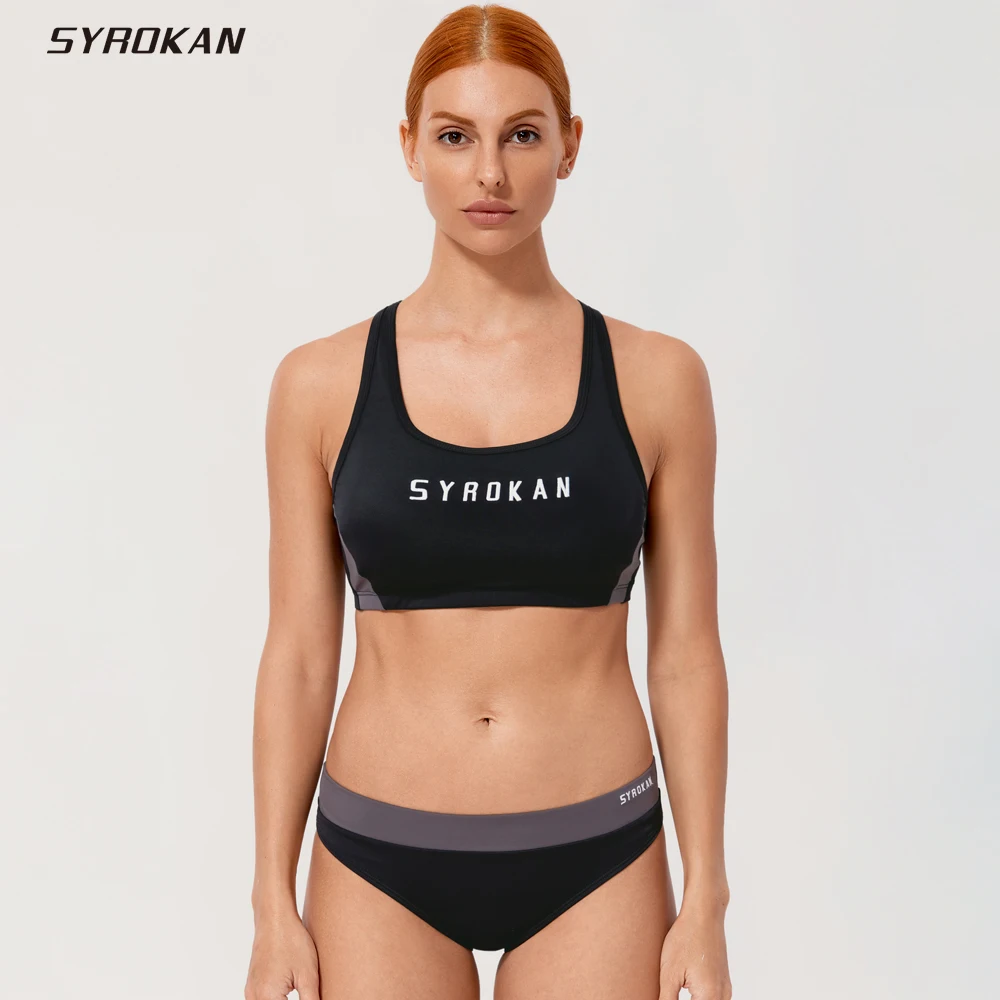 

SYROKAN Women Swimsuits Letter Pattern Workout Bikini Sets Athletic Swimsuits Two Pieces Bathing Suit Summer Beachwear Biquinis