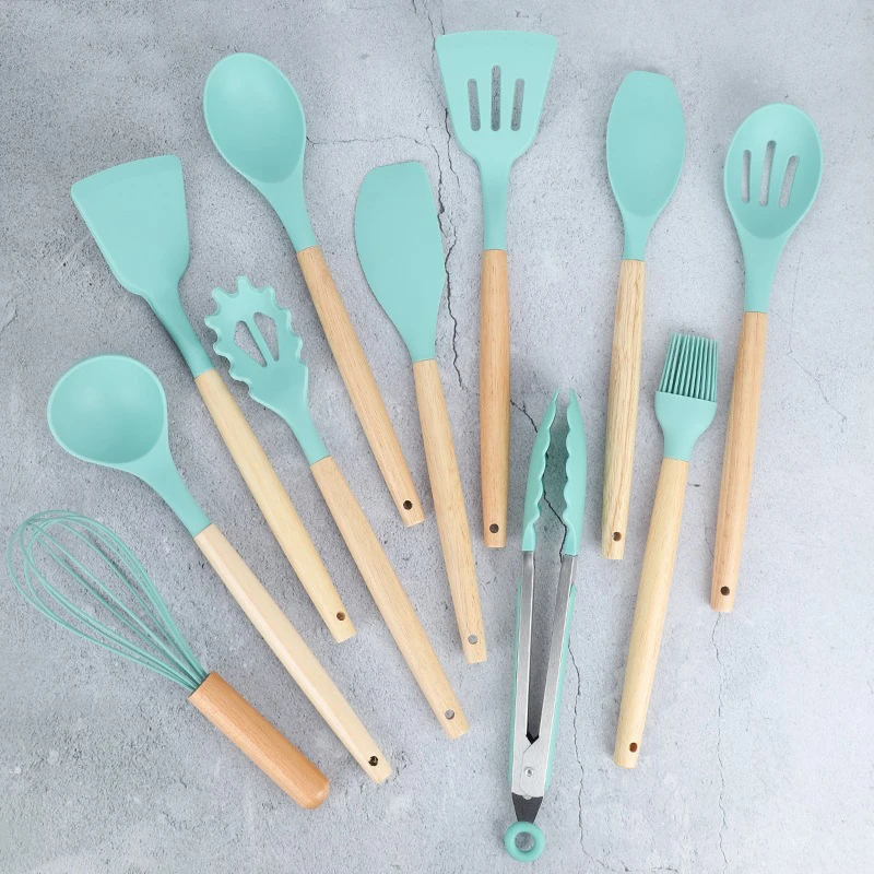 Aqua Green Storage Bucket Wooden Handle Silicone Kitchenware 11 Piece Set  Non-stick Spatula Kitchen Utensils Cooking Set - AliExpress