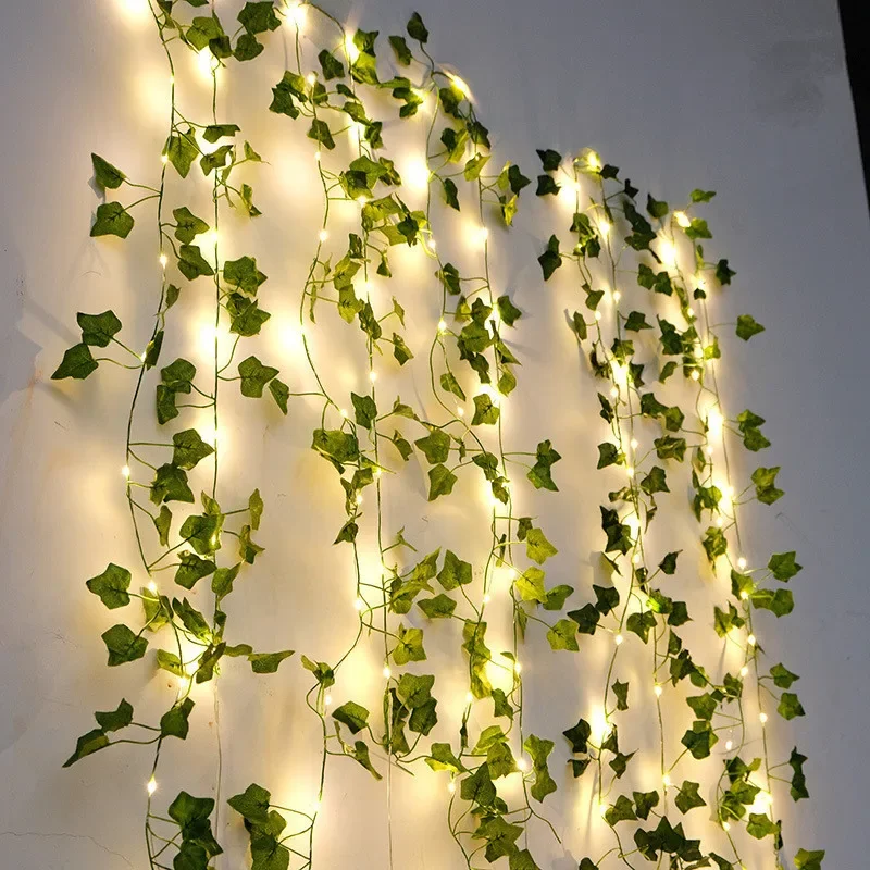 

50/100 Leds Green Leaf Fairy Lights String Artificial Ivy Garland Copper Light Strings for Bouquets Wedding Bedroom Decorations