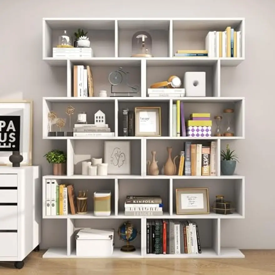 6 Tier Geometric Bookcase, S Shaped Bookshelf, Book Shelf Room Divider, Wood Freestanding Display Shelves, 75 Inch Staggered