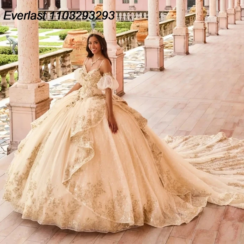 

EVLAST Champagnne Quinceanera Dress Ball Gown Tulle Lace Applique Beading Detachable Sleeve Sweet 16 Vestido 15 De Años TQD271