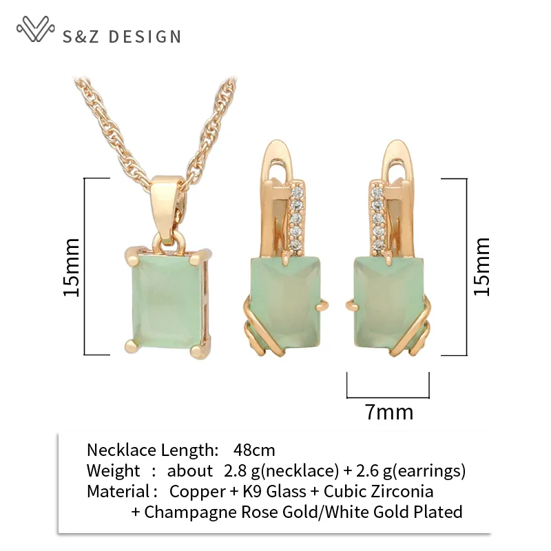S&Z DESIGN New Champagne Gold Color Rectangle Crystal Dangle Earrings Jewelry Sets For Women Wedding Zirconia Pendant Necklace