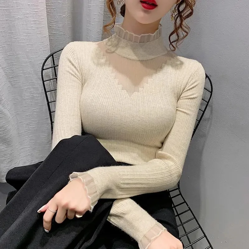 

2024 Hot Autumn Women Mock Neck Ruffles Sweater Long Sleeve Knitted Bottoming Solid Pullovers Stripe Women Casual Sweater Winter