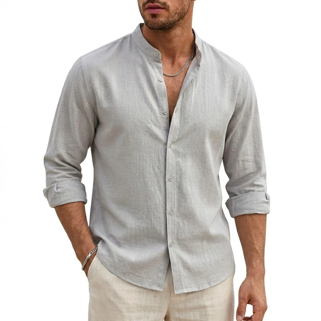Men's Linen Beach Shirt Premium Lightweight Long-Sleeve Cotton Button-Down 5