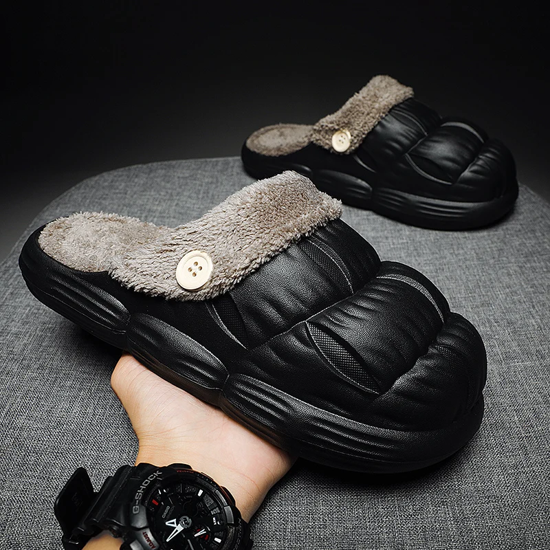 

New Men's Waterproof Plush Slippers Home Warm Fluffy Anti-slip Slippers Casual Versatile Cotton Slippers Comfortable and Soft