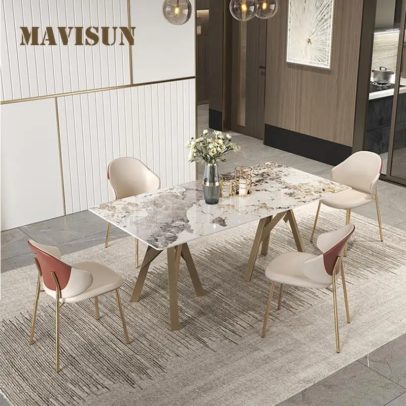 

Post Modern Light Luxury Simple Nordic Slate Dining Table Creative Large And Small Family Stainless Steel Gilded Dining Table