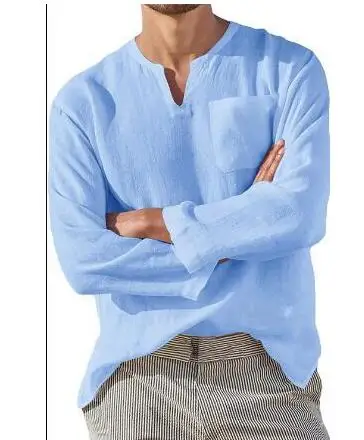 

Men's Long Sleeve V-Neck Casual Beach Linen Shirt