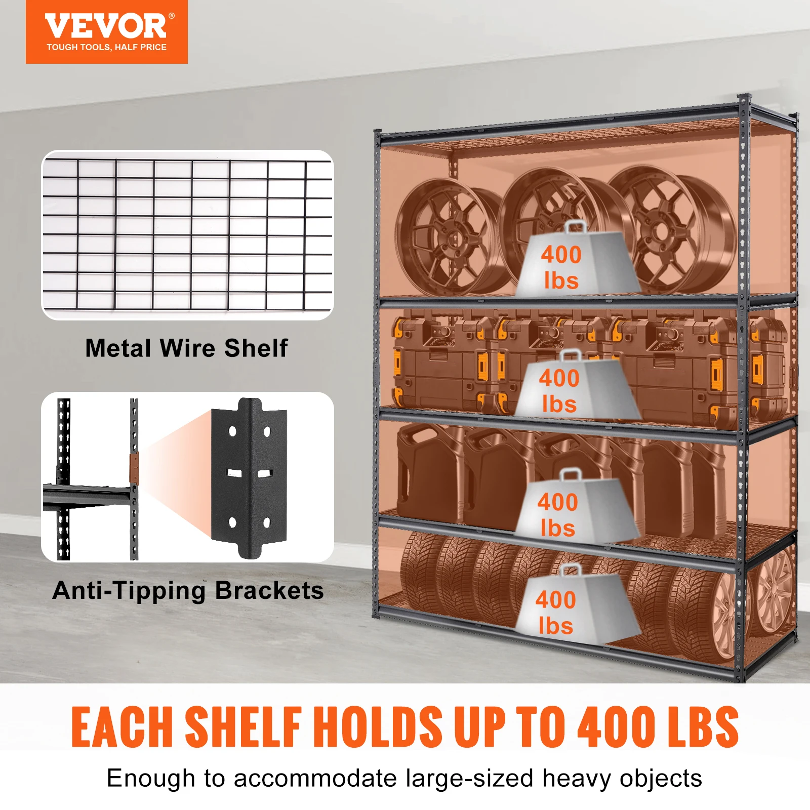 VEVOR 5-Tier Adjustable 2000 lbs Storage Shelving Unit Heavy Duty Garage Shelves Organizer Wire Rack for Kitchen Pantry Basement