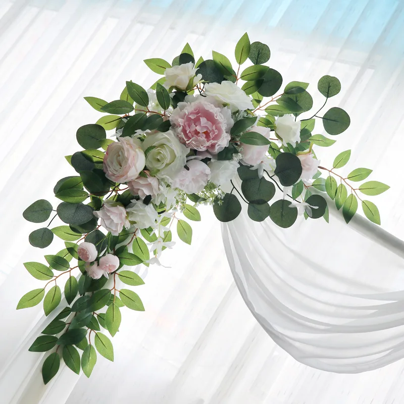

2pcs Artificial Wedding Flowers Arch Props Welcome Card Sign Garland Decor Pink Hanging Flower Row Backdrop Wall Window Arrange