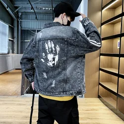 Autumn Winter 2022 Fashion Casual Ripped Denim Jacket Men\'s Loose Korean Retro Teen Beggar Ripped Clothes Denim Jacket