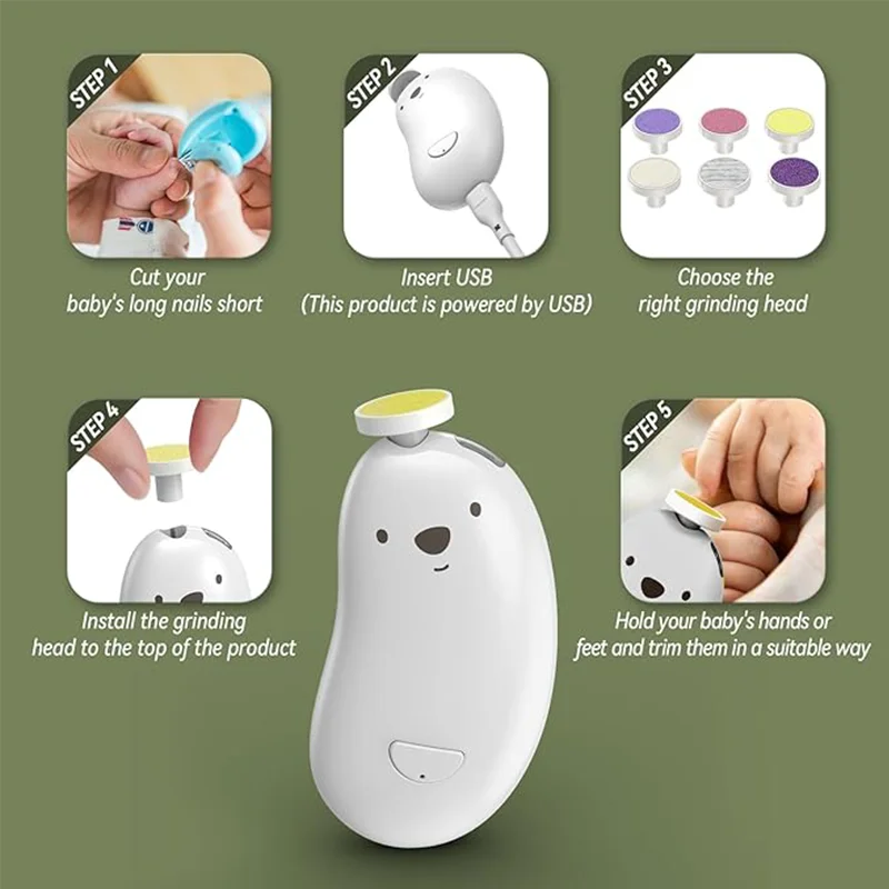 Baby Nail Trimmer Electric Rechargeable Clippers 6 in 1 Low Noise Safe Care Ergonomic Grip Toddler Toes Fingernails Polish Trim 6