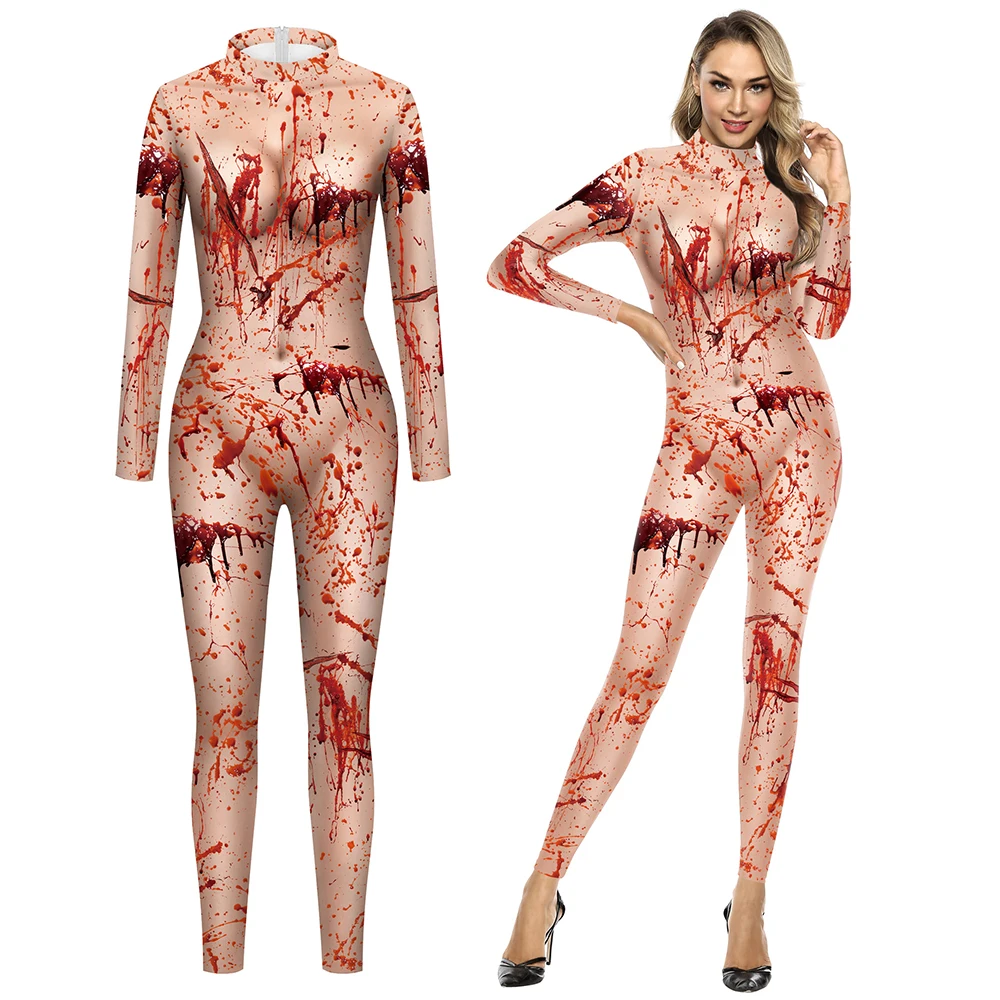 

Horror Bloody Horrible Skin 3D Print Slim Jumpsuit For Women Girl Nurse Cosplay Party Bodysuit Zentai Halloween Costume