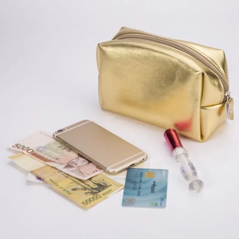 Simple Shiny Sequins Gold Wallet Cosmetic Handbag Makeup Bag Portable Women Toiletries Skincare Storage Bag Organizer Pouch