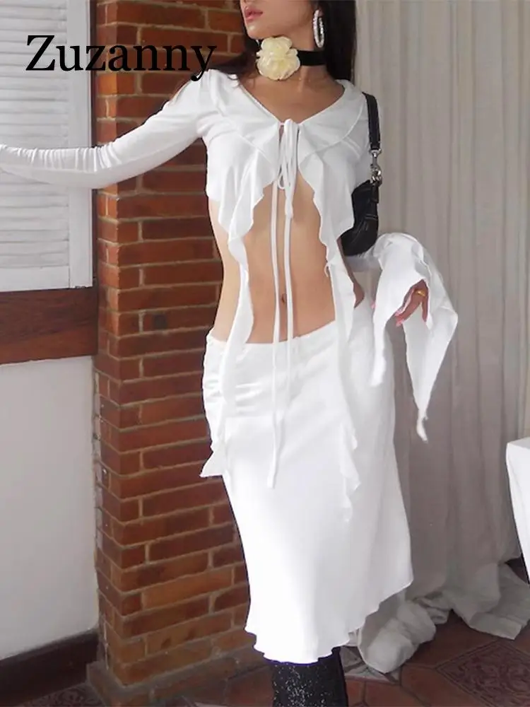 

Женский комплект из двух предметов Zuzanny, белый пикантный комплект из двух предметов с оборками, короткий топ на шнуровке и юбка миди, женская одежда на осень