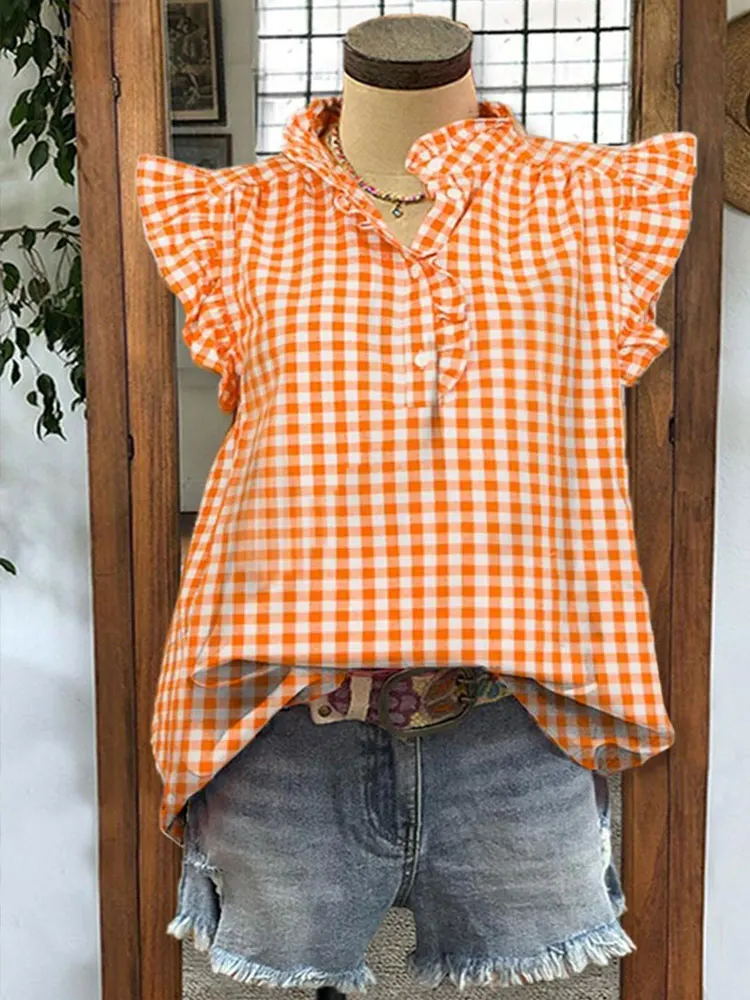 

Classic Plaid Print Ruffle Top Orange Gingham Turkey Blouse For Women