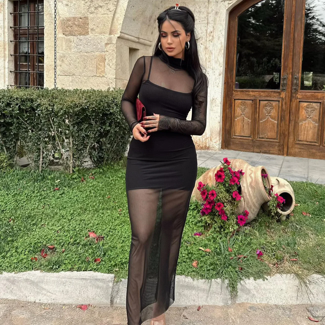 Conjunto de dos piezas de malla para mujer, vestido mini transparente, ajustado, sexy, de moda, de manga larga, con retazos, otoño 2025