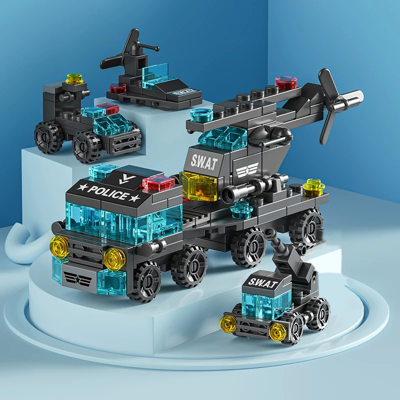 6IN1 Building Blocks City Fire Car Police Truck Engineering Crane Tank Helicopter Bricks Set Toys for Children Kids 4