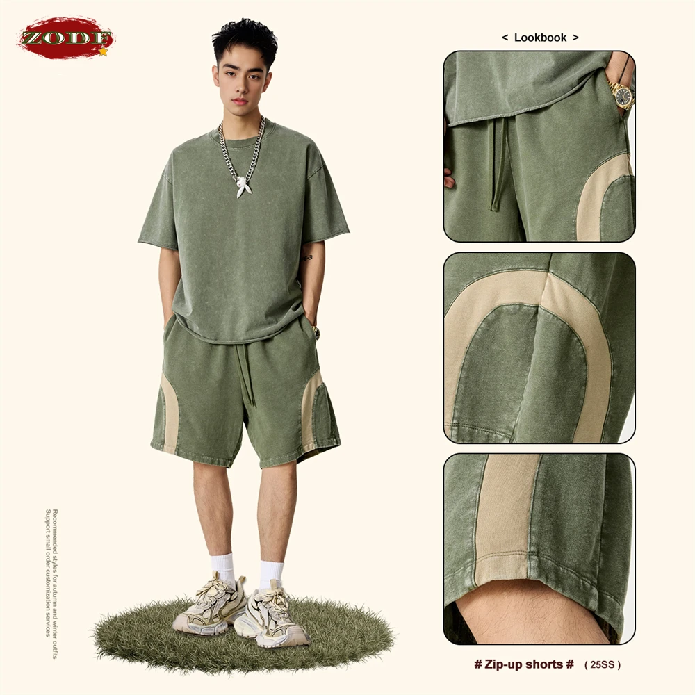 ZODF 2025 Summer Patchwork Washed Cotton Shorts For Men Unisex Retro Y2K High Street Distressed 330gsm Shorts Streetwears HY1057 5