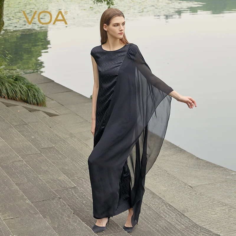 Tanie VOA czarny ponadgabarytowych nieregularne sukienka jedwabiu krótkie Casual kobiety Maxi sklep