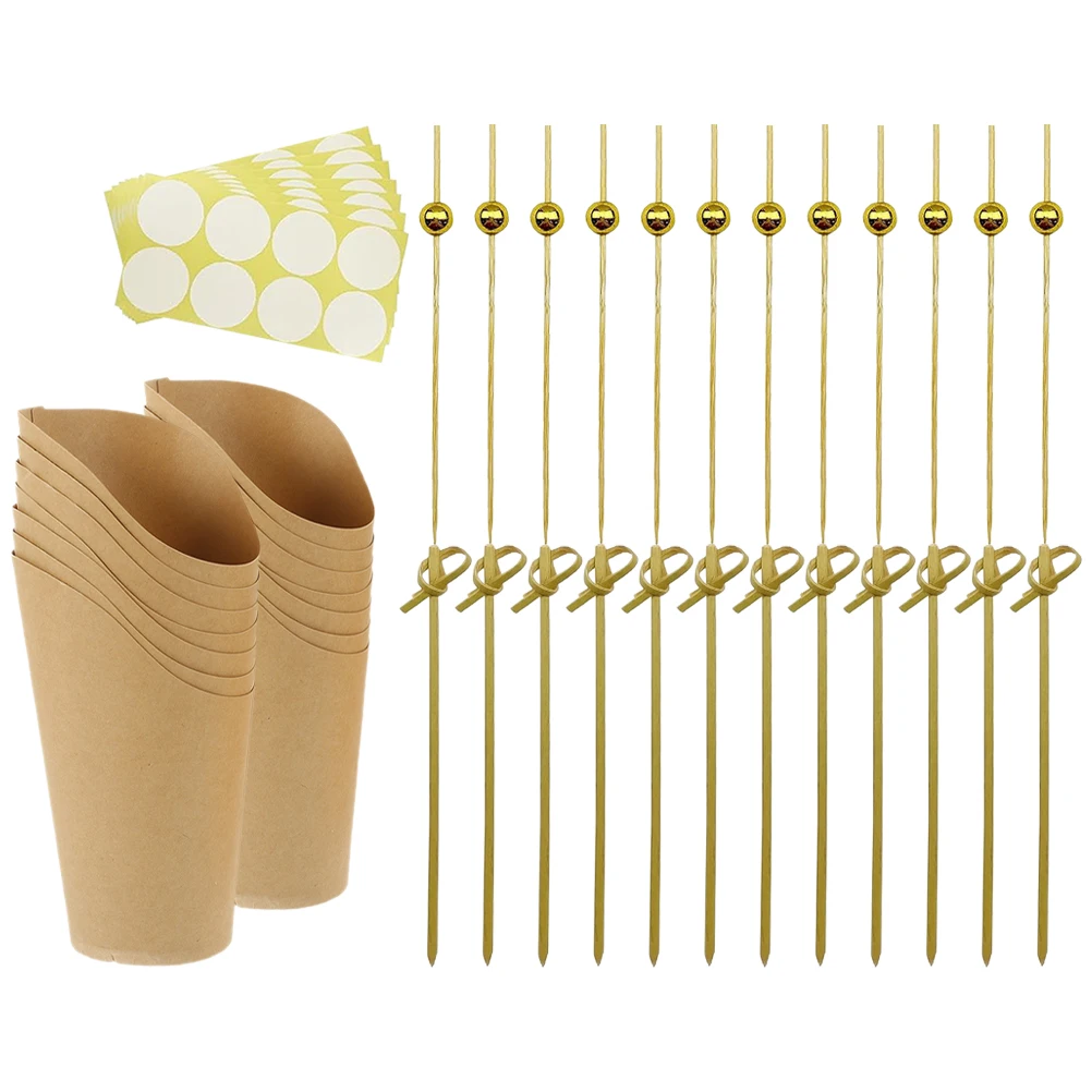 1 Set Kraft Paper Snack Cups with Bamboo Picks and Label Sheets, 12oz Disposable French... - SKU KPSC1458 - UGI Packaging