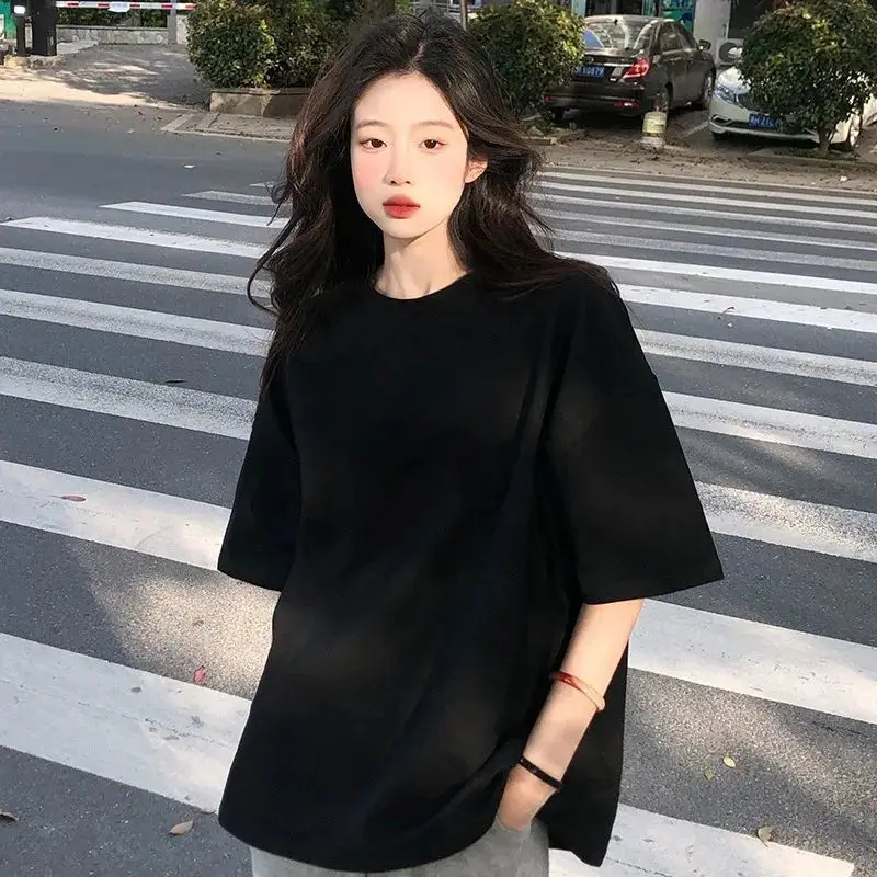 

Women Short Sleeved T-shirt Pure Cotton Base Shirt Loose and Versatile Solid Color Top Feeling Niche Design Korean Version