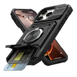 Magnetic Rotating Ring Kickstand Wallet Armor Case with Heavy - Duty Drop Protection - iPhone 18 Pro Max (Black)
