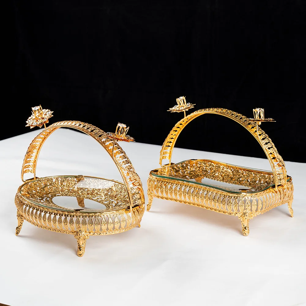 Vintage Gold Metal Fruit Plate Round & Square Multi-function Glass Snack Candy Dessert Tray Afternoon Tea Serving Stand