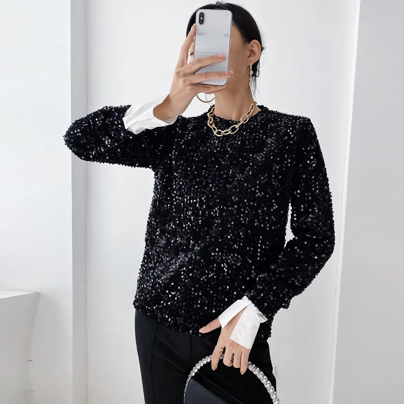 

Blouses for women fashion 2022 Sequins Blouse Office Lady Long Sleeve Elegant Shirt New Style Fashion Tops Pullover Outwear